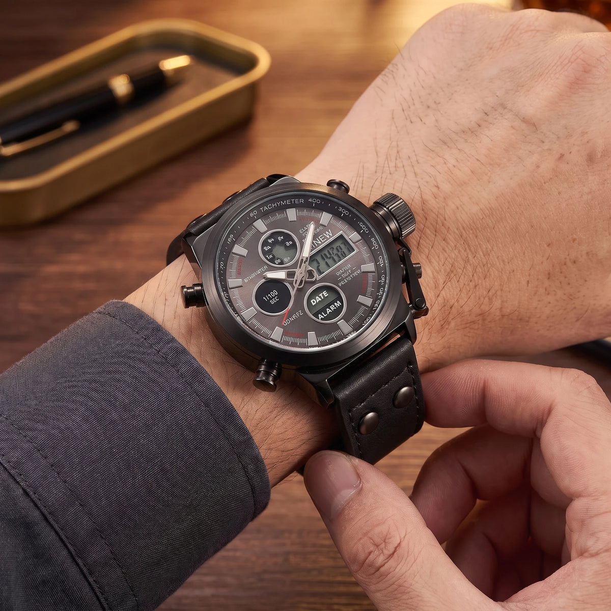 Man wearing the black dual display sport watch on his wrist