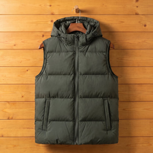 Green hooded puffer vest on a honey wood wall