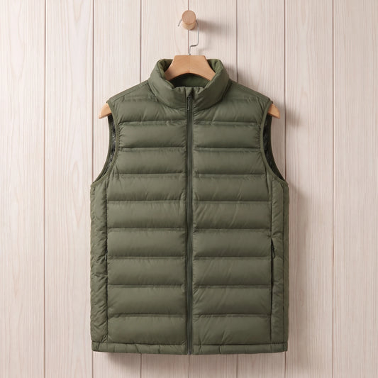 Green lightweight down vest hanging on a wooden hanger
