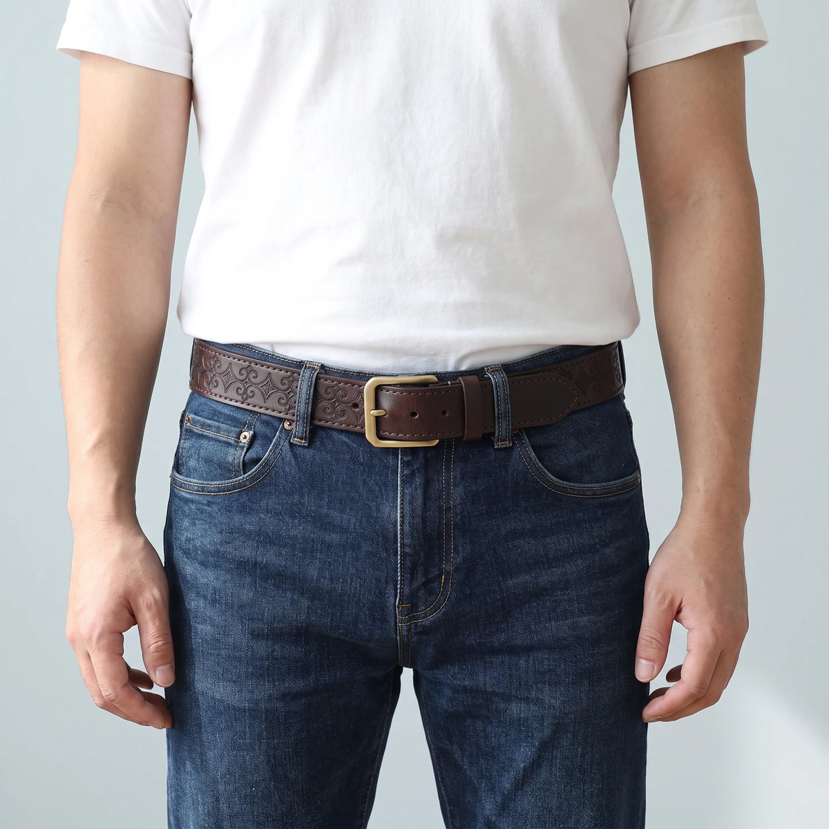 EMBOSSED COWHIDE BELT worn