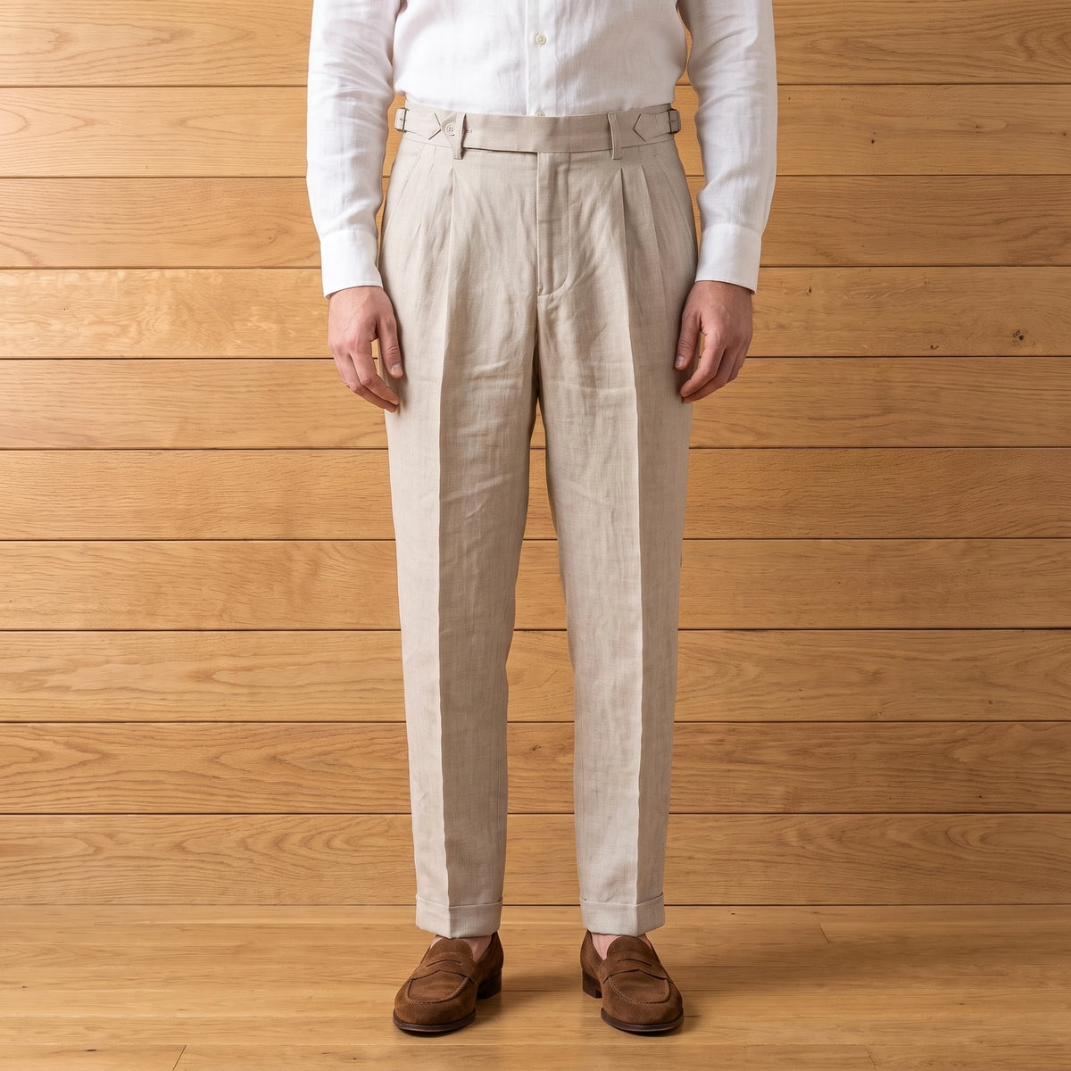 PLEATED LINEN TROUSERS worn