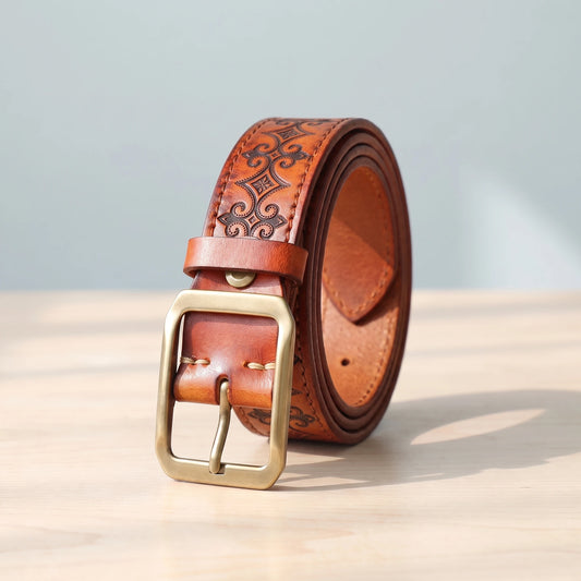 EMBOSSED COWHIDE BELT Tan