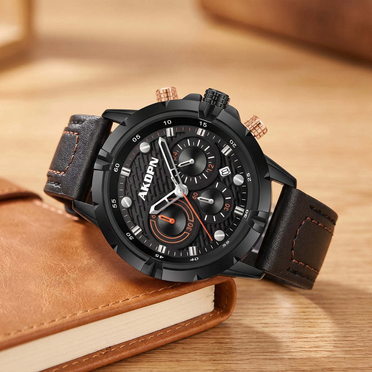 Black sports watch with rose-gold pushers and a black stitched leather strap resting on a tan notebook