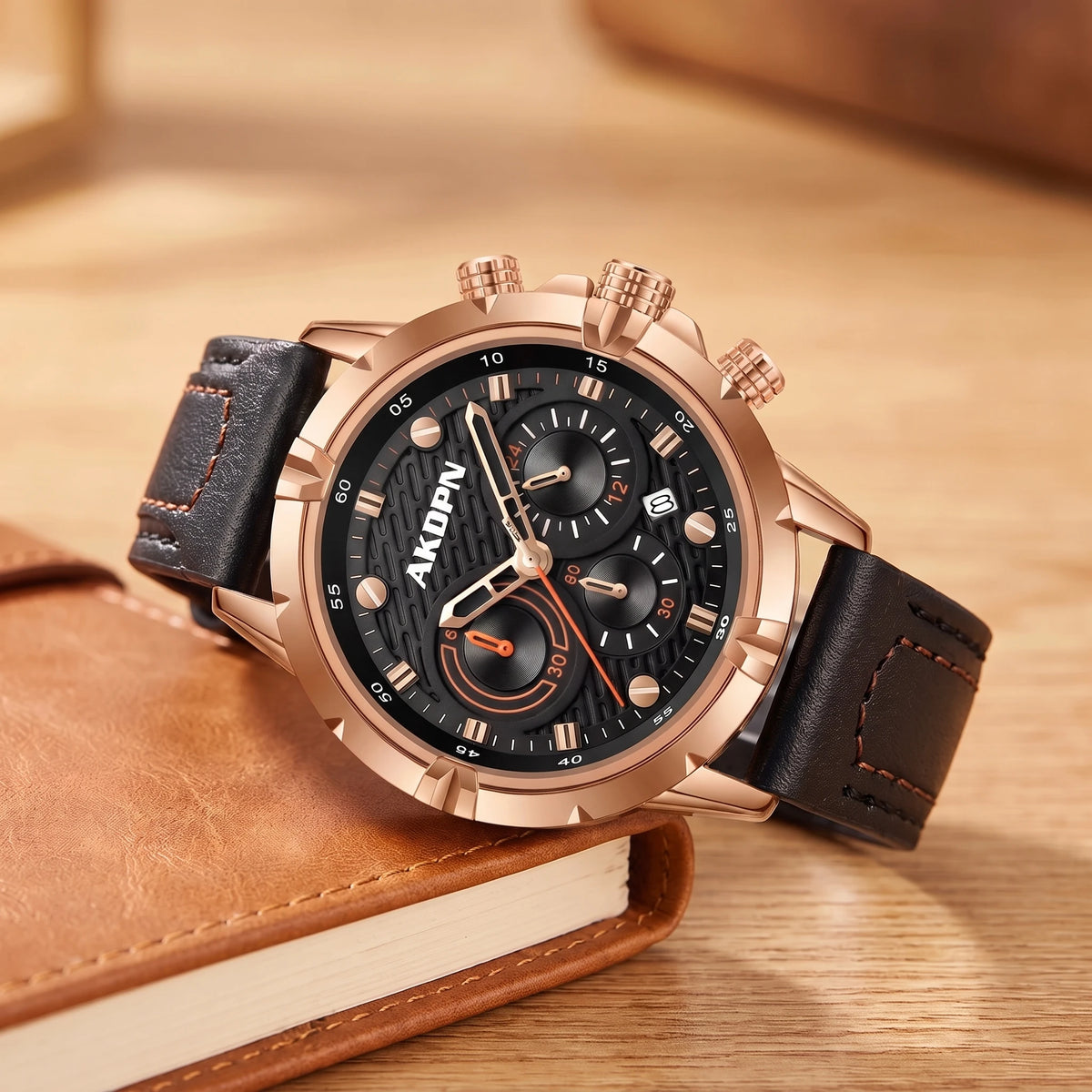 Rose gold sports watch with a black dial and a black stitched leather strap resting on a tan notebook