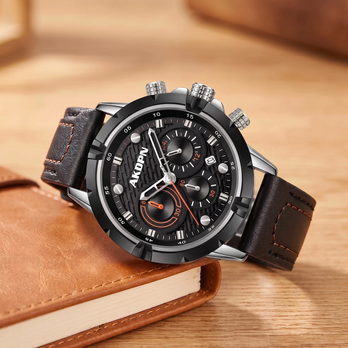 Silver sports watch with a black dial and a black stitched leather strap resting on a tan notebook