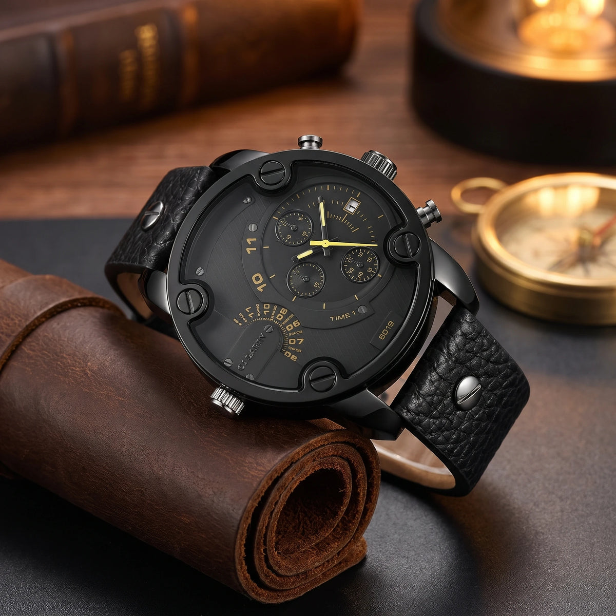 Men's oversized black bolted quartz watch with black leather strap on rolled leather