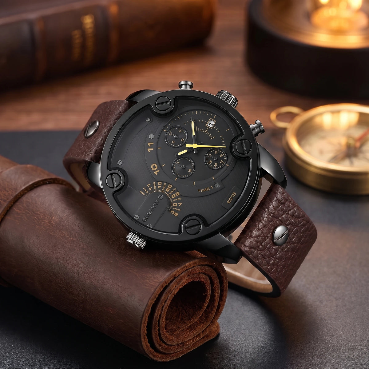 Men's oversized black bolted quartz watch with brown leather strap