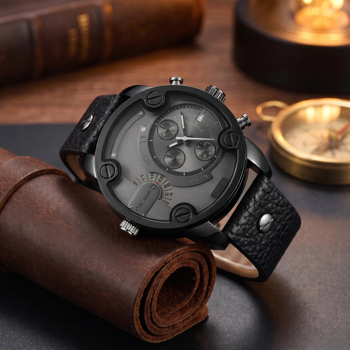 Men's oversized bolted quartz watch with grey dial and black leather strap