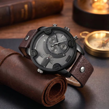 Men's oversized bolted quartz watch with grey dial and brown leather strap