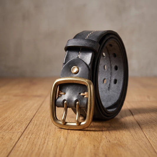 Black washed leather belt with brass double-prong buckle and two rows of punched holes