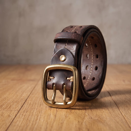 Brown washed leather belt with brass double-prong buckle and two rows of punched holes