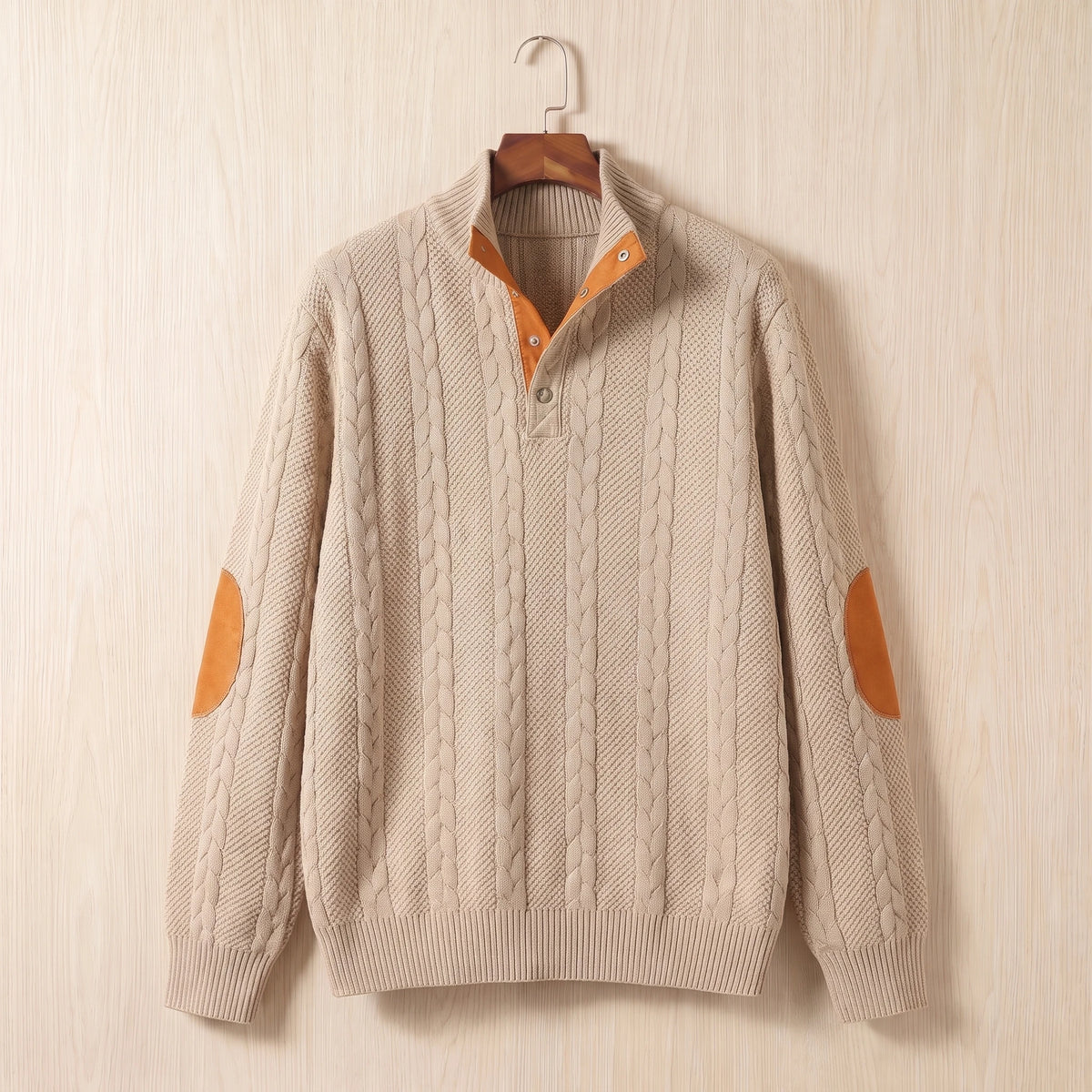 Khaki cable knit sweater with a stand collar, button neck and tan elbow patches hanging on a wooden hanger