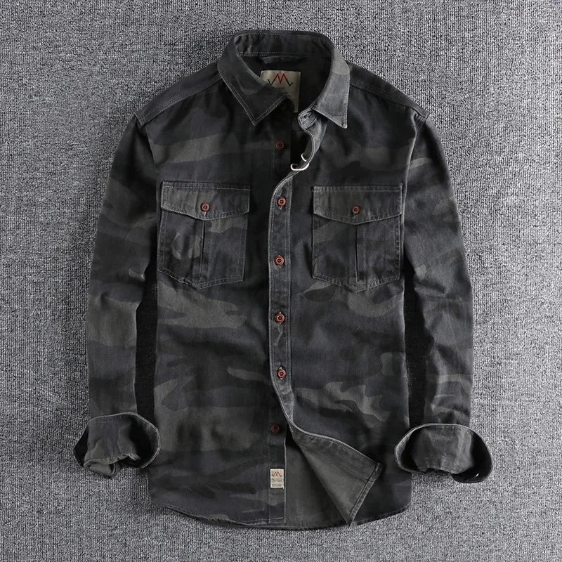 Black and charcoal camo long sleeve cargo shirt with two chest pockets