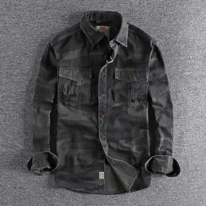 Black and charcoal camo long sleeve cargo shirt with two chest pockets