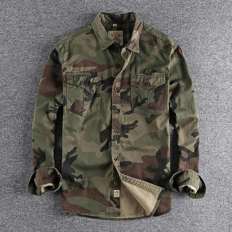 Woodland camo long sleeve cargo shirt with two chest pockets and button cuffs