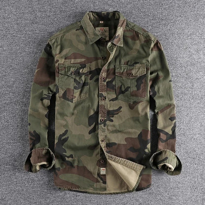 Woodland camo long sleeve cargo shirt with two chest pockets and button cuffs