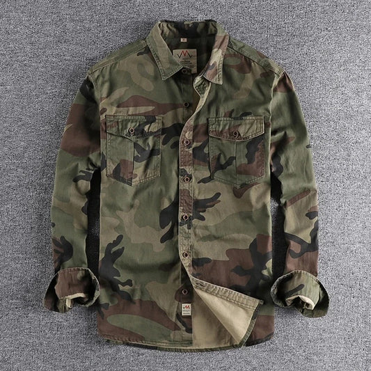 Woodland camo long sleeve cargo shirt with two chest pockets and button cuffs