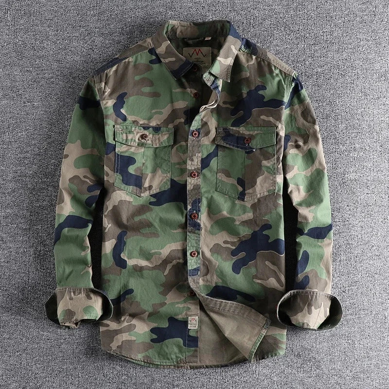 Green and navy camo long sleeve cargo shirt with two chest pockets