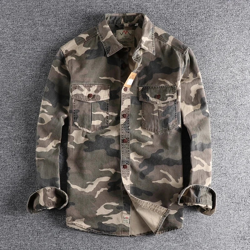 Khaki and tan camo long sleeve cargo shirt with two chest pockets