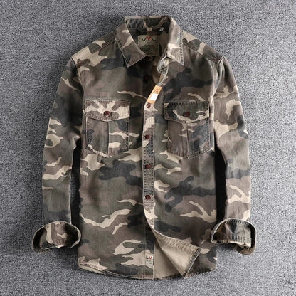 Khaki and tan camo long sleeve cargo shirt with two chest pockets