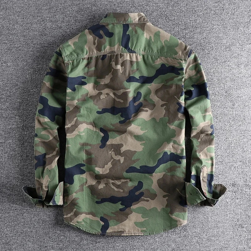 Back view of the green and navy camo cargo shirt