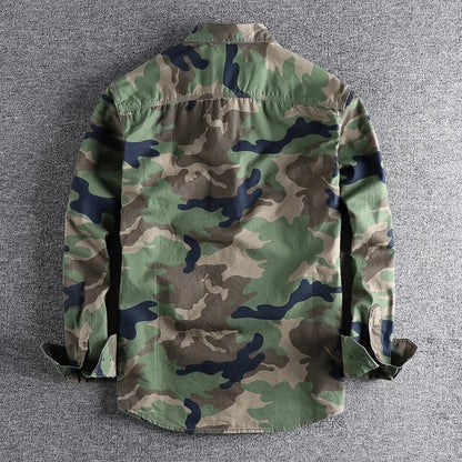 Back view of the green and navy camo cargo shirt