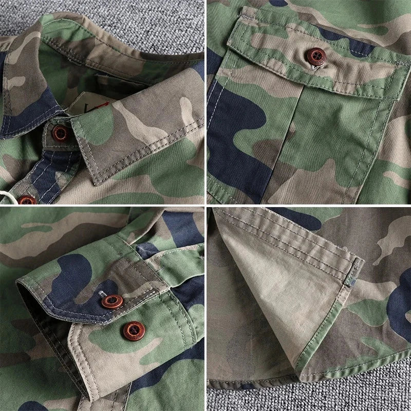 Close-ups of the collar, chest pocket, button cuff and hem of the camo cargo shirt