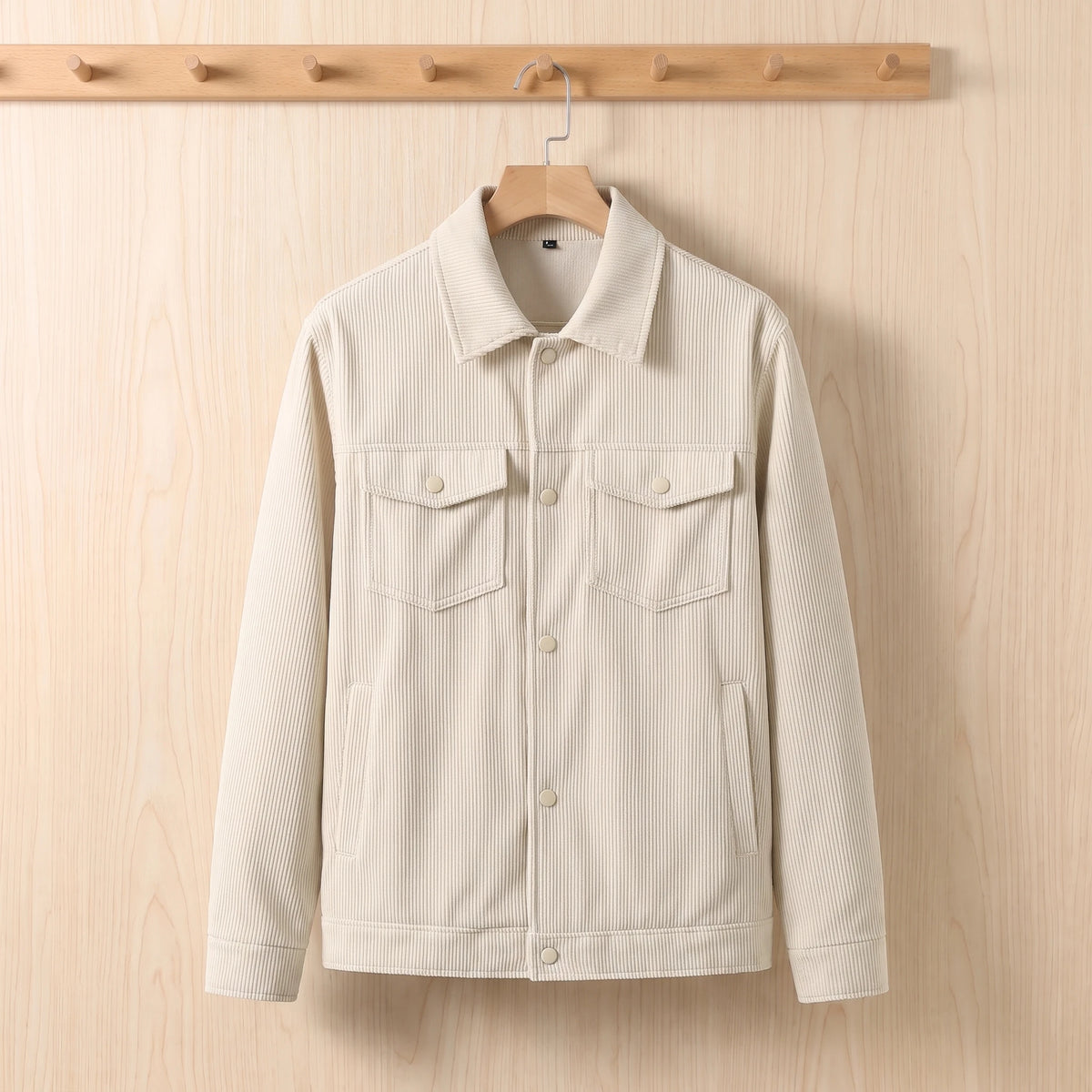 Men's beige corduroy jacket hanging on a wooden hanger