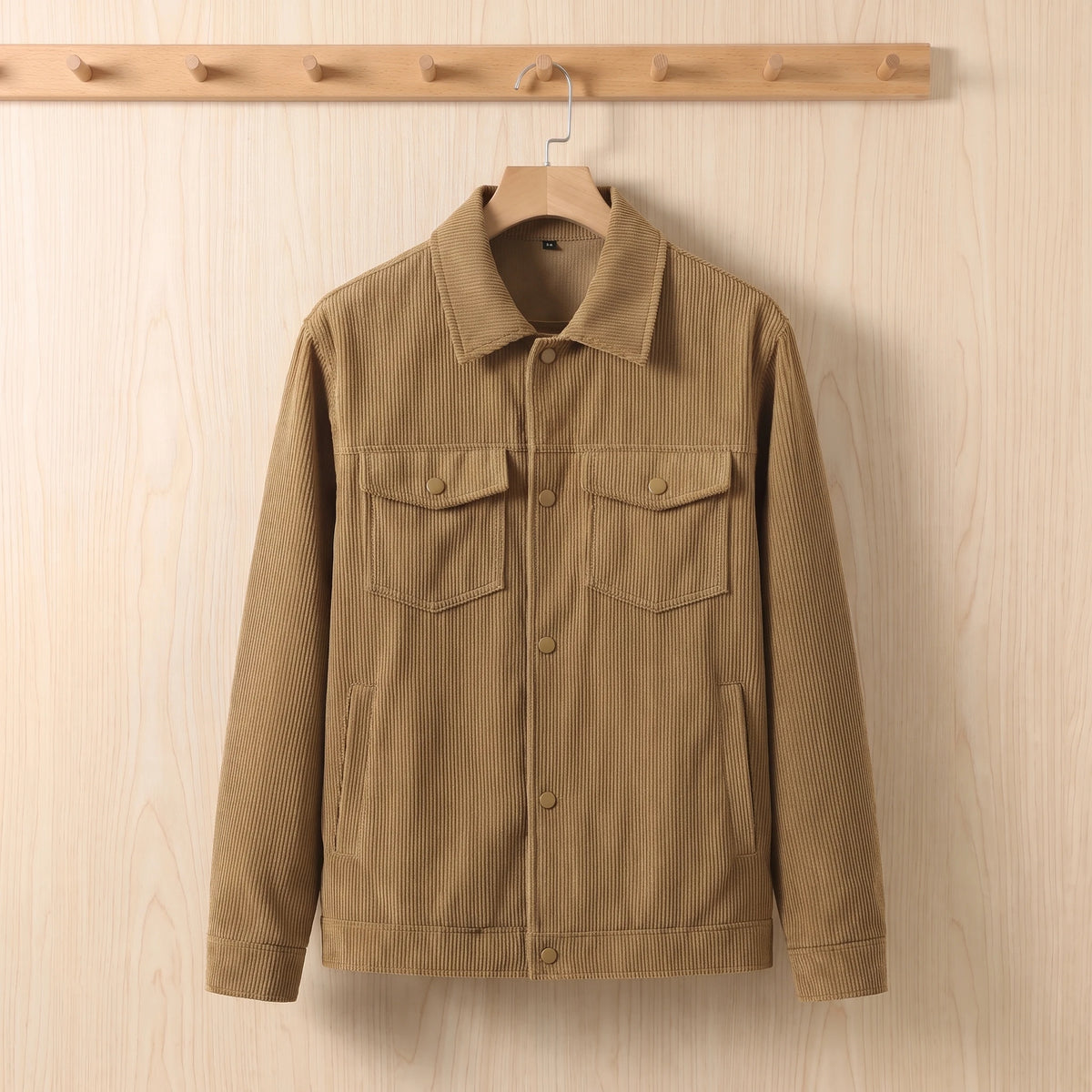Men's khaki corduroy jacket hanging on a wooden hanger
