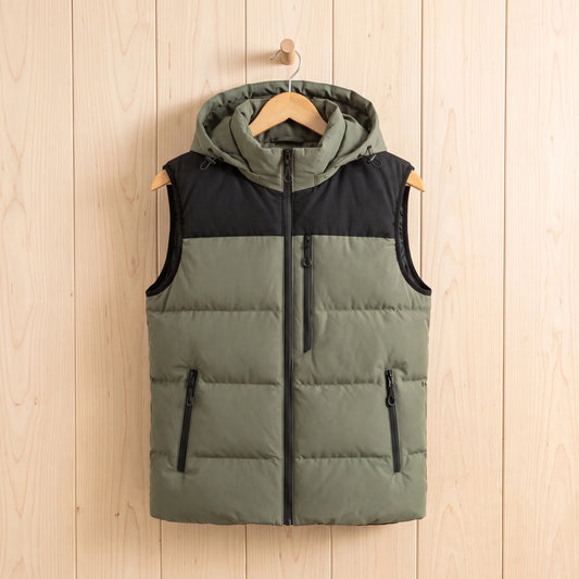 Green colour block hooded vest on a pale wood wall