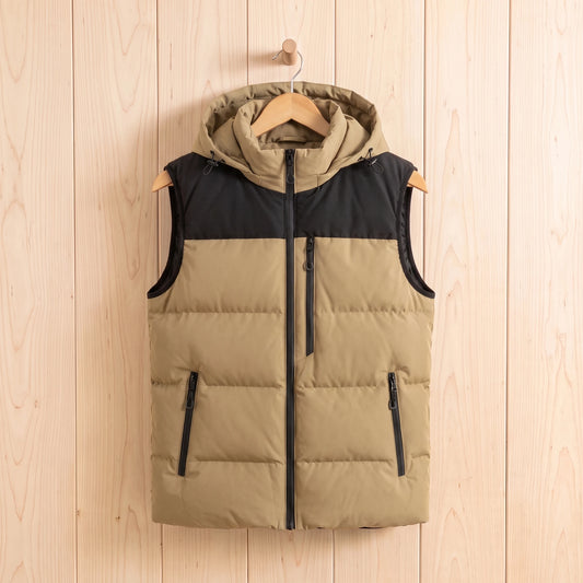 Khaki colour block hooded vest on a pale wood wall