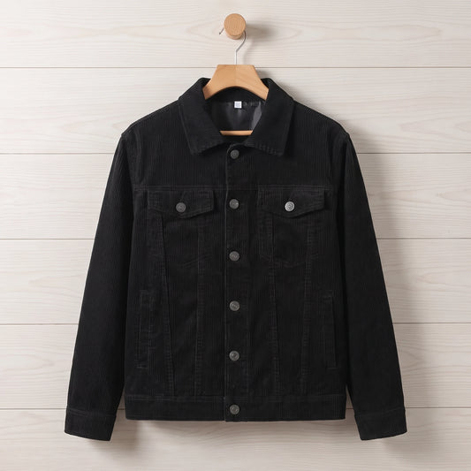 Men's black corduroy trucker jacket hanging on a wooden hanger