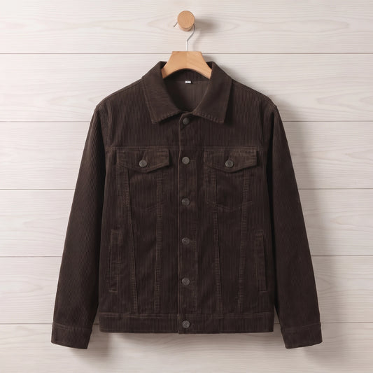 Men's brown corduroy trucker jacket hanging on a wooden hanger