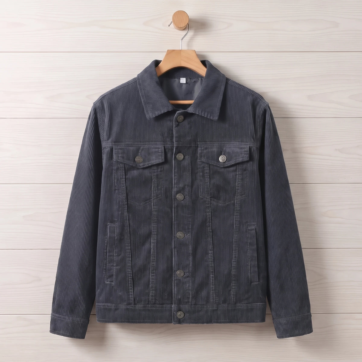 Men's grey corduroy trucker jacket hanging on a wooden hanger