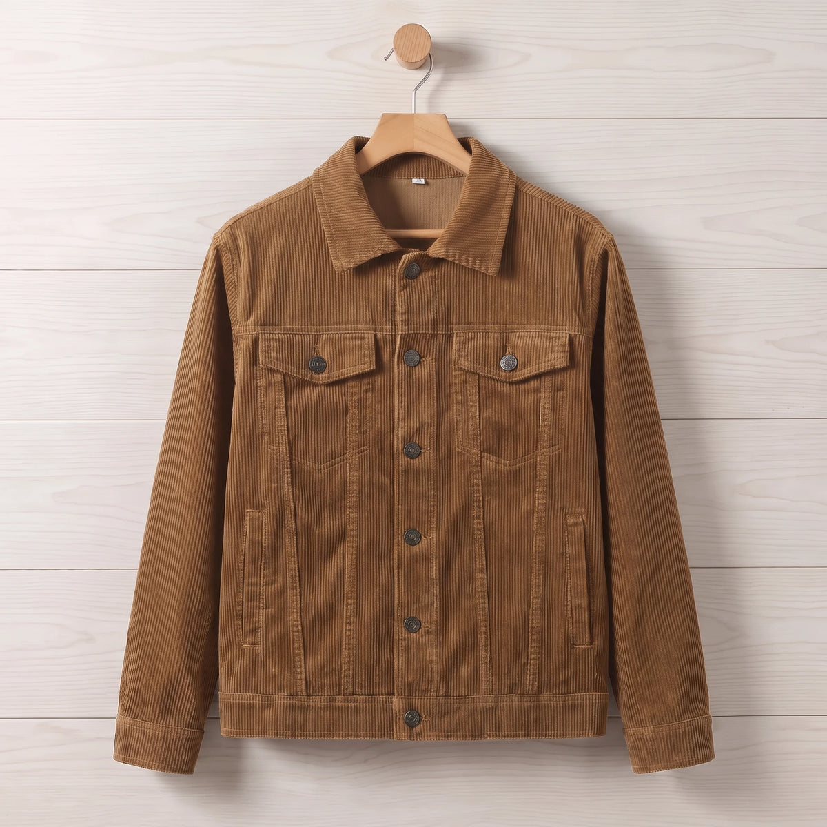 Men's khaki corduroy trucker jacket hanging on a wooden hanger