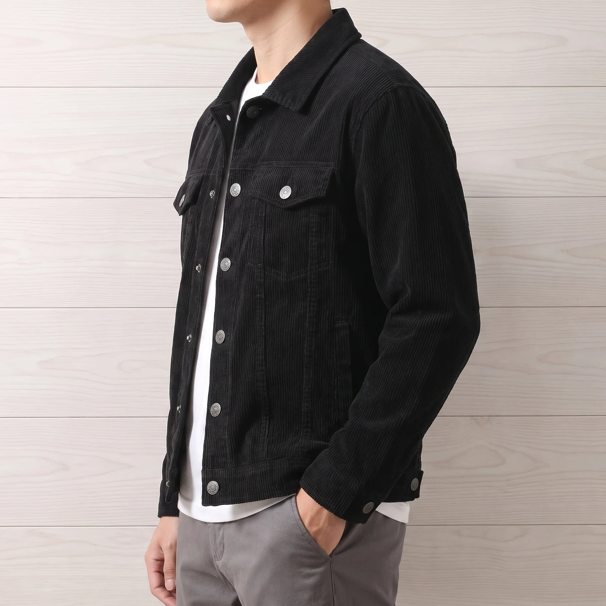 Man wearing the black corduroy trucker jacket over a white tee, side view