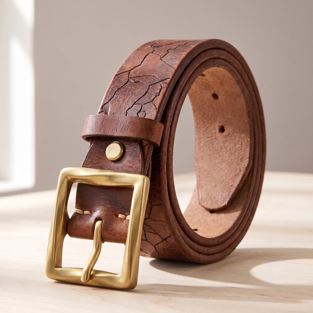 Brown cowhide leather belt with a cracked pattern and a brass buckle