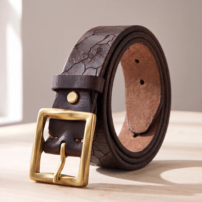 Coffee brown cowhide leather belt with a cracked pattern and a brass buckle