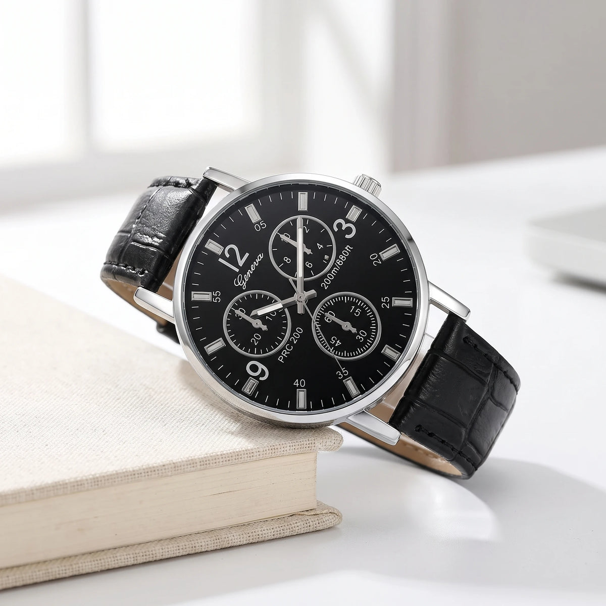 Black dial quartz watch with a black croc-grain strap resting on a cream book