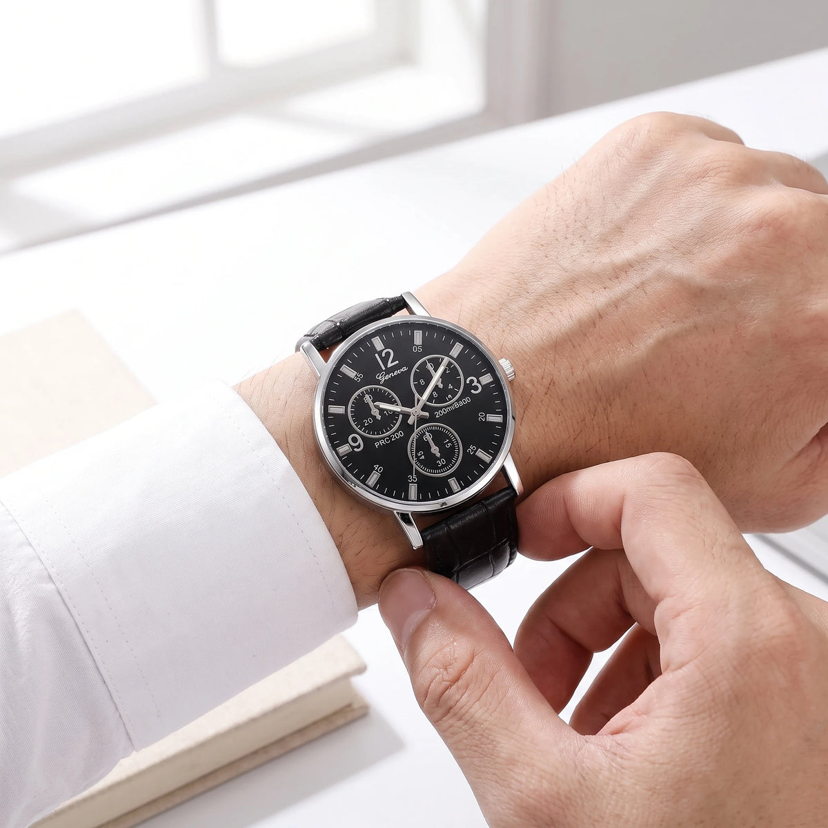 Man wearing a black dial quartz watch with a black strap and a white shirt cuff