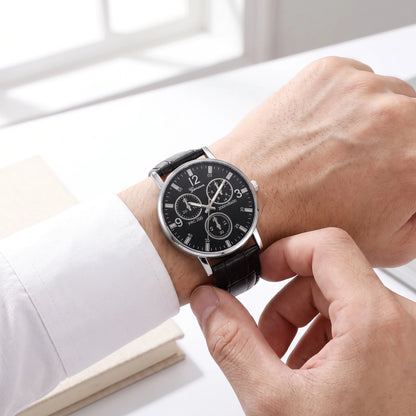Man wearing a black dial quartz watch with a black strap and a white shirt cuff