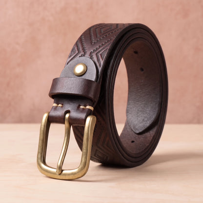 Coffee brown leather belt with embossed diamond pattern and brass pin buckle