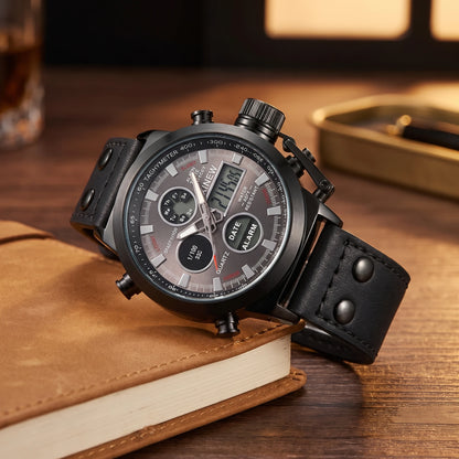 Men's black dual display sport watch with black leather strap on a tan notebook