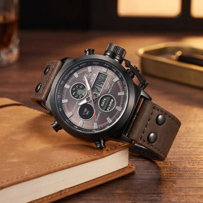 Men's black dual display sport watch with brown leather strap