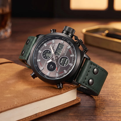 Men's black dual display sport watch with green leather strap