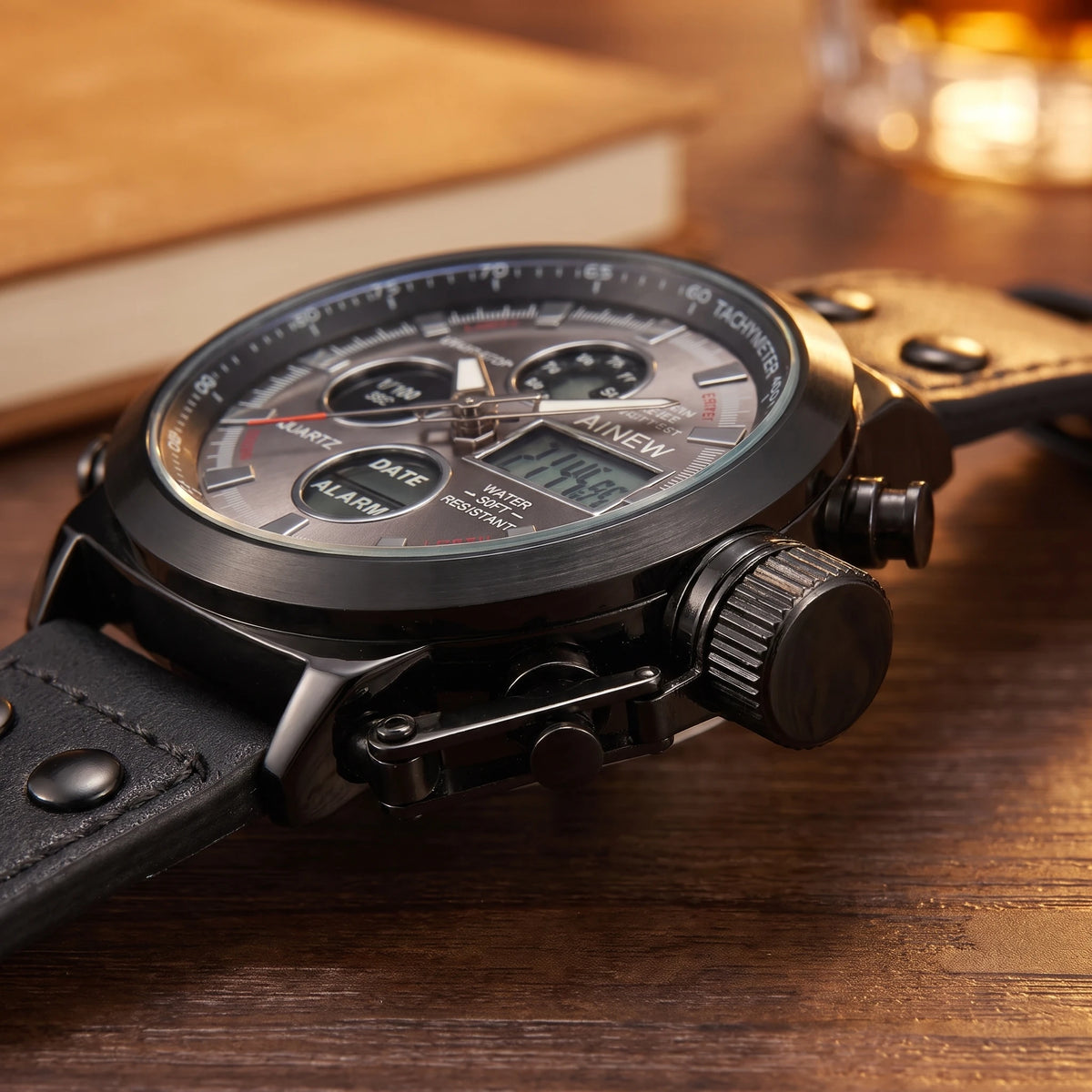 Close-up of the crown guard and pushers on the black dual display sport watch