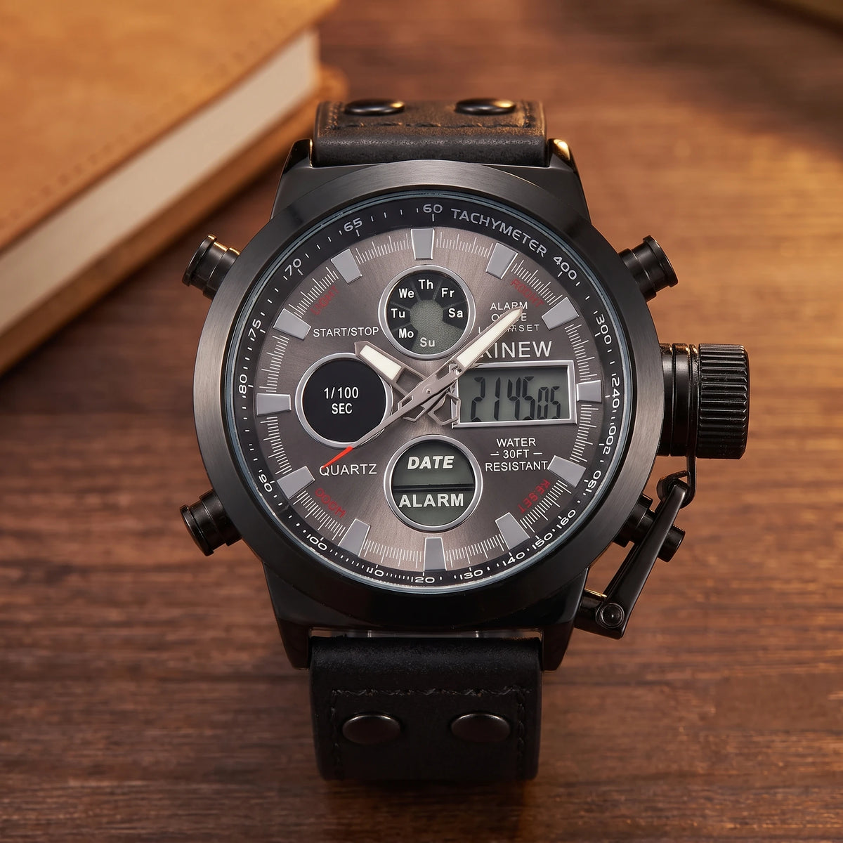 Close-up of the analogue and digital dial on the black dual display sport watch
