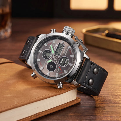Men's silver dual display sport watch with black leather strap