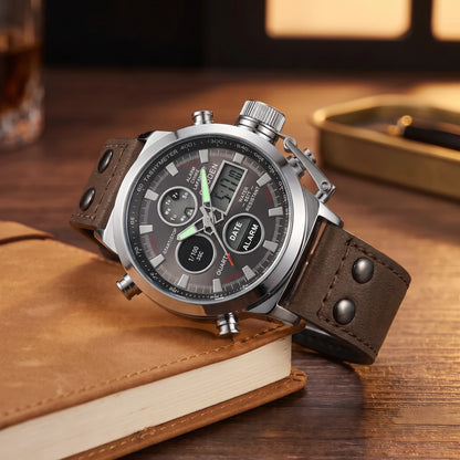 Men's silver dual display sport watch with brown leather strap