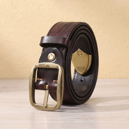 Coffee leather belt with feather pattern embossing, brass pin buckle and brass shield tip